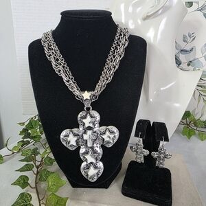 Statement Silver Multi Chain Necklace with Large Cross Pendant & Earrings Set
